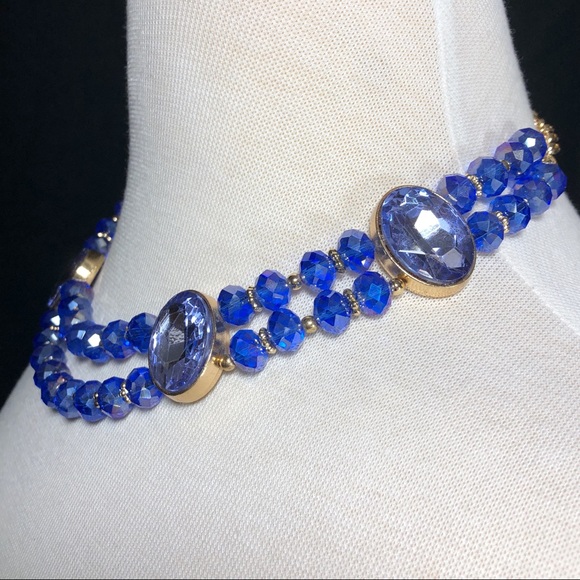 2 Row Royal Blue Glass Bead Necklace Earrings Set - Picture 3 of 3